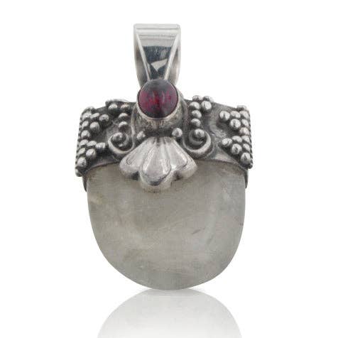 Rutilated Quartz with Garnet Sterling Silver Pendant