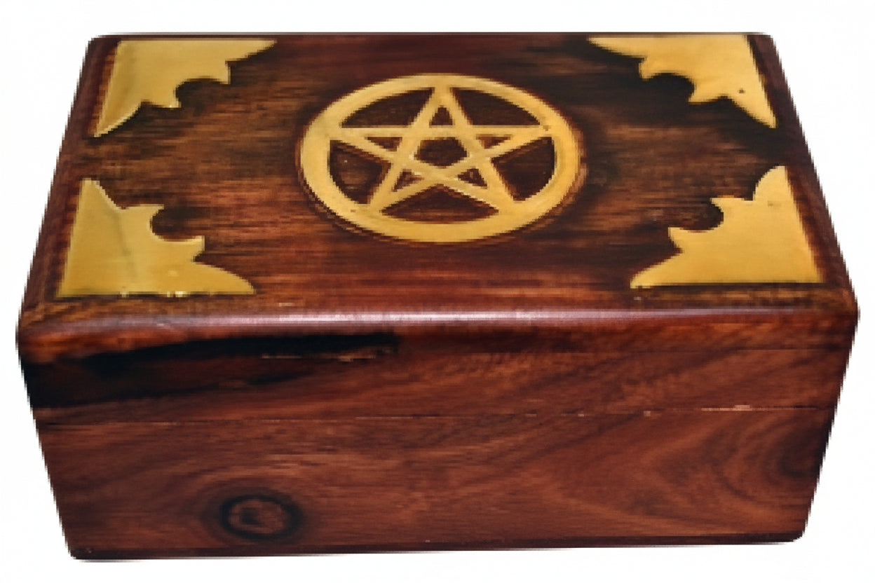 Brass Inlaid Pentacle Wooden Chest Storage Box