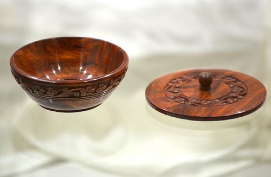 Floral Carved Wooden Storage/Offering Bowl with Lid