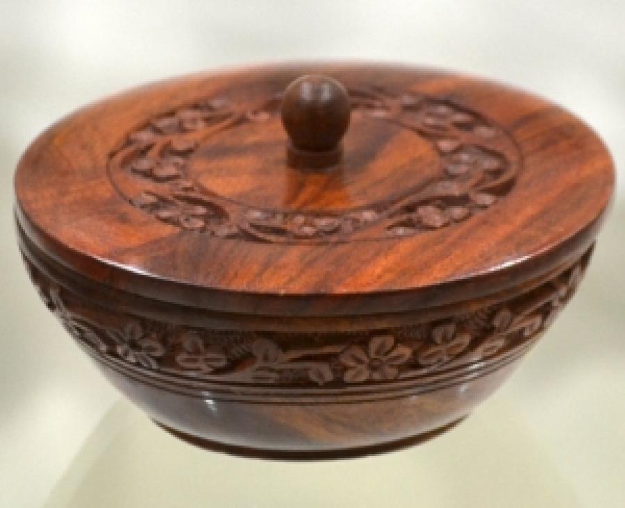 Floral Carved Wooden Storage/Offering Bowl with Lid