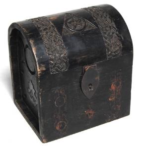 Tall Round top Wood Box With Pentagram & Moons - Black Chest