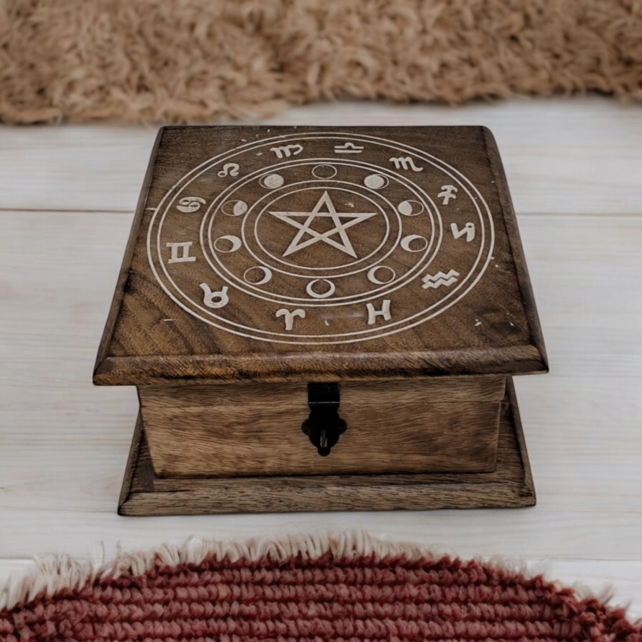 Carved Zodiac Pentacle Wooden Box 7x7"