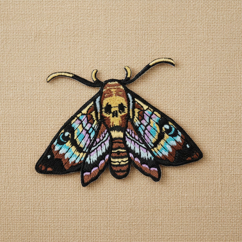 Colorful embroidered moth patch on a wooden surface