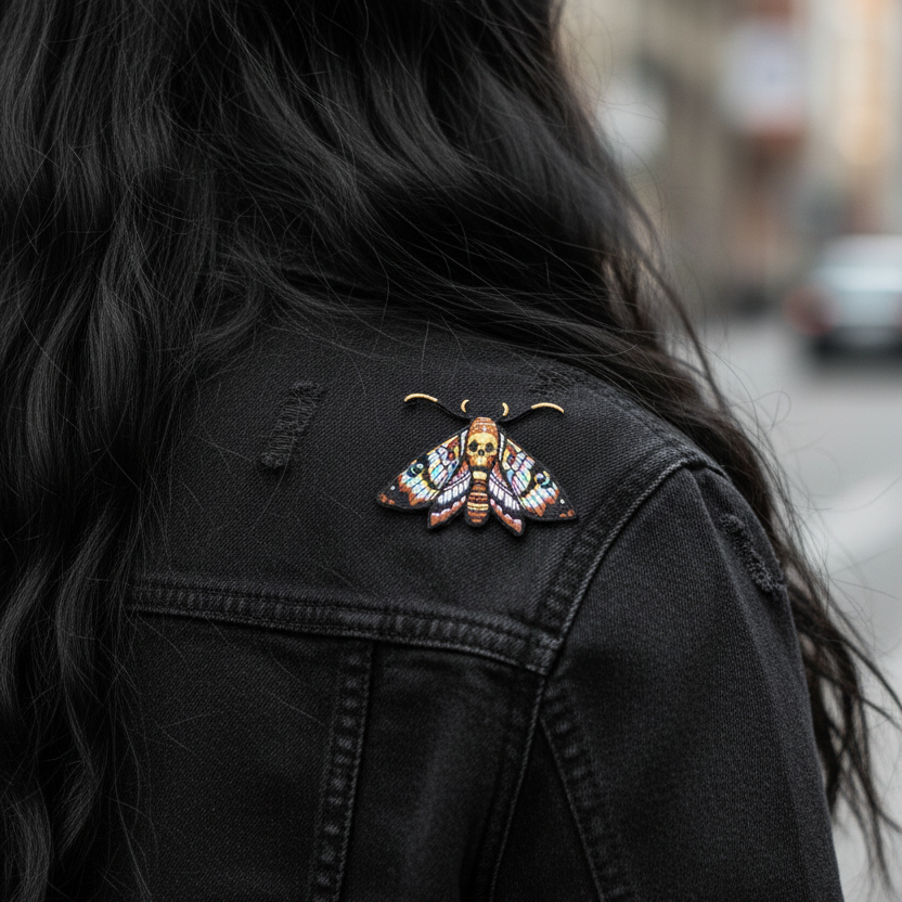 Person wearing a black jacket with a colorful moth patch on a blurred street background