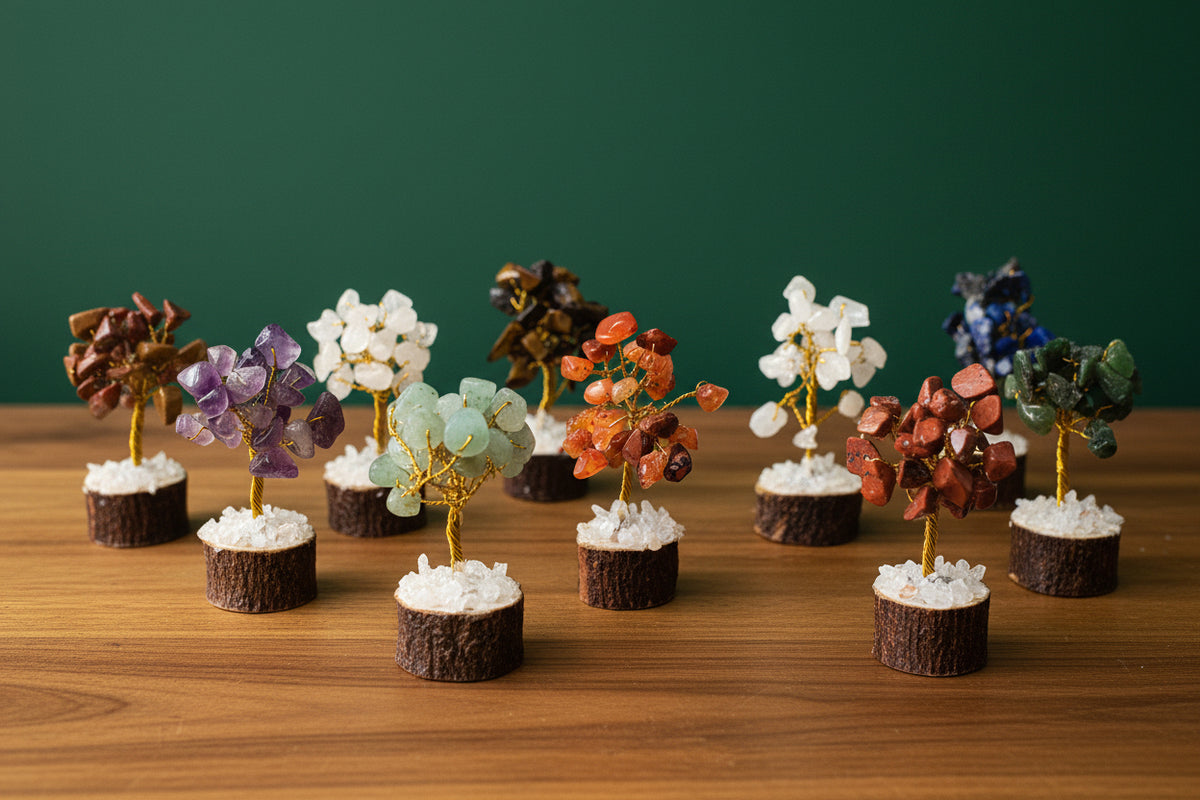 Mini Crystal Chip Tree (golden wire) Wood Base