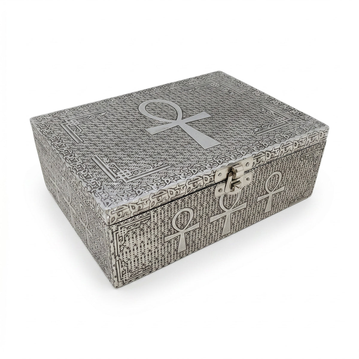 Egyptian Ankh Silver-Toned Metal Box 5x7"