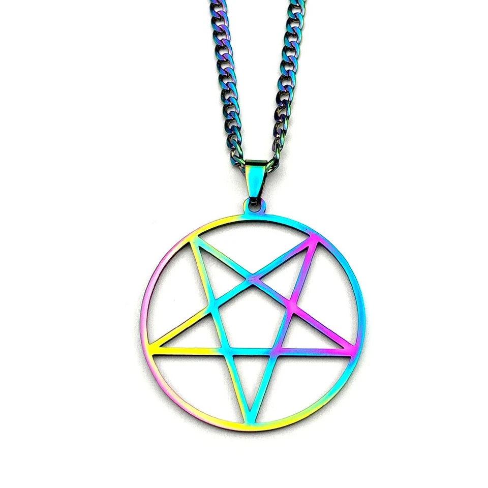 Large Inverted Pentagram Rainbow Stainless Steel Necklace
