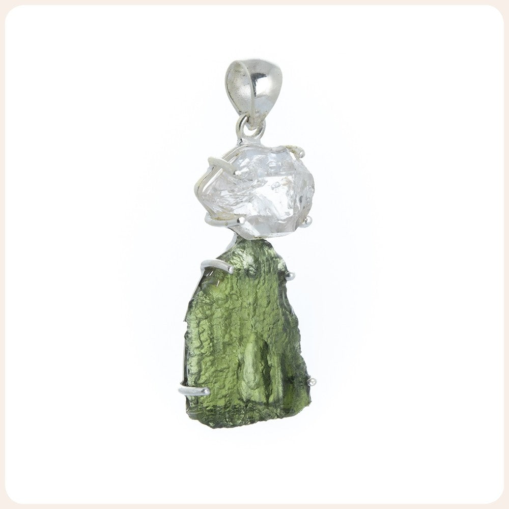 Moldavite and Pakimer Diamond Sterling Silver Pendant