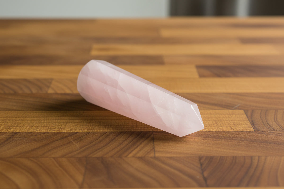 Rose quartz crystal on a black background