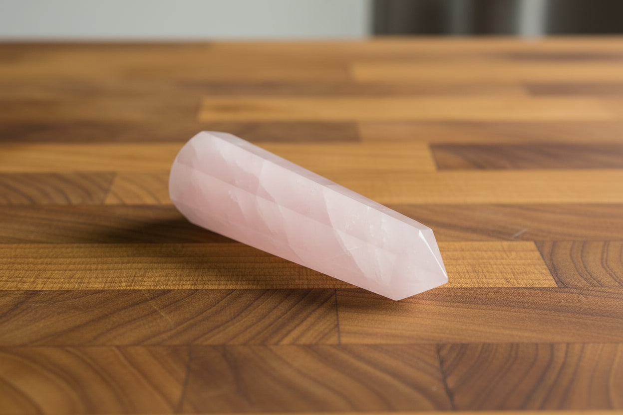 Rose quartz crystal on a black background