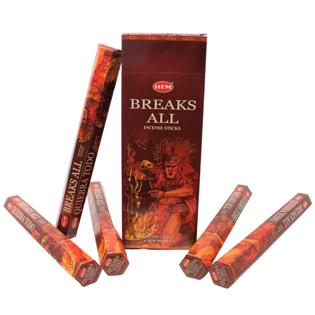 A hexagonal pack of HEM incense sticks with the label 'BREAKS ALL' in front of the pack, displaying multiple sticks outside the pack.